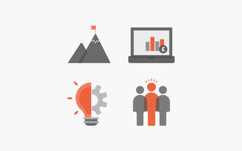 Icons of a mountain, laptop, lightbulb and people