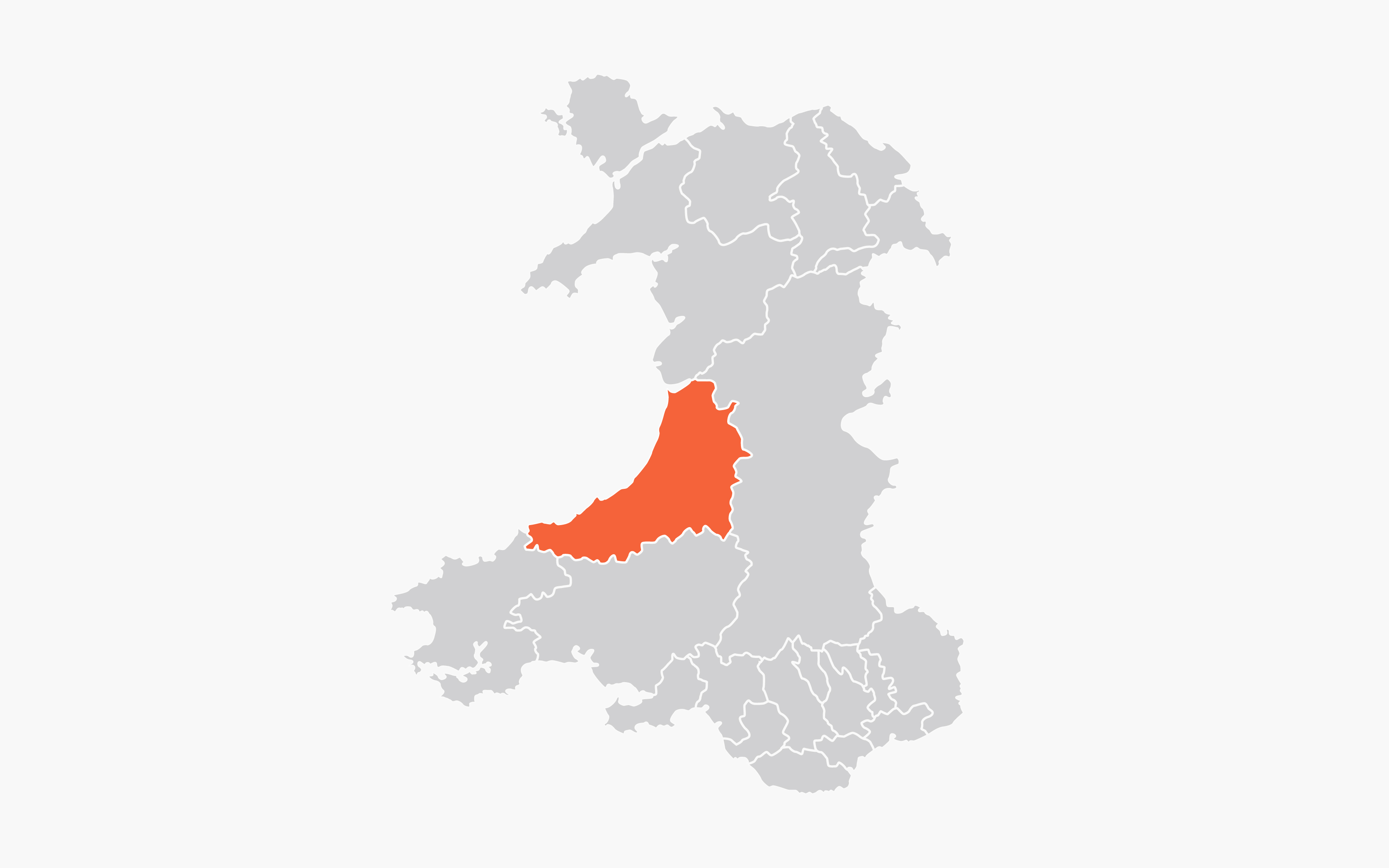 Illustrated map showing the Unitary authorities of Wales, with Ceredigion highlighted in orange.
