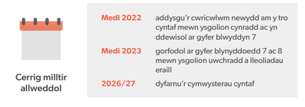 Cerrig milltir allweddol - Medi 2022: addysgu cwricwlwm newydd yn gyntaf mewn ysgolion cynradd ac yn ddewisol ar gyfer blwyddyn 7. Medi 2023: gorfodol ar gyfer blynyddoedd 7 ac 8. 2026/27: Cymwysterau cyntaf wedi'u dyfarnu.