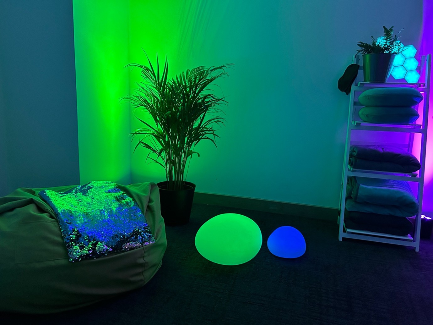 Beanbag with blanket, cupboard with cushions and plant in the corner