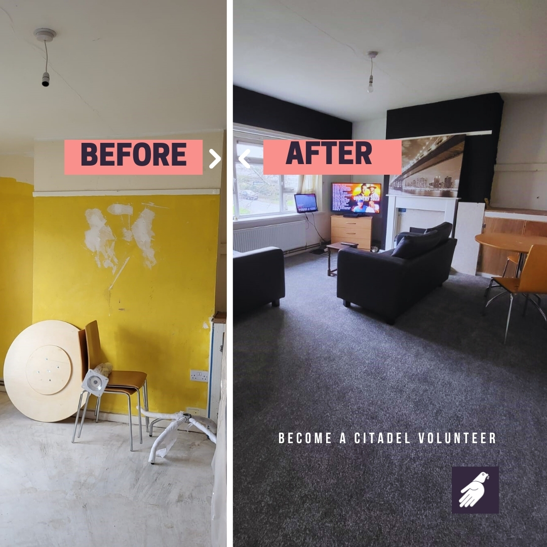 An image of an undecorated empty room on the left and on the right an image of how the room has been transformed with furniture and redecorated.