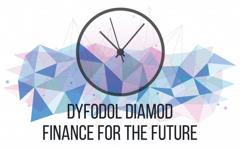 Image of a clock with the words Finance for the Future - Dyfodol Diamod