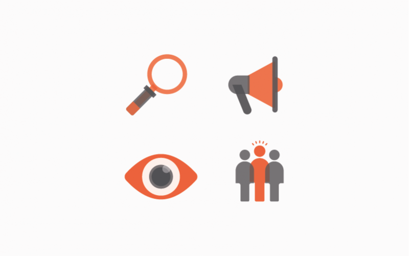 magnifying glass, megaphone, eye and 3 people icons