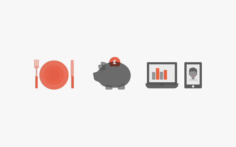visual image to describe poverty - a plate with no food, a piggy bank and digital tools