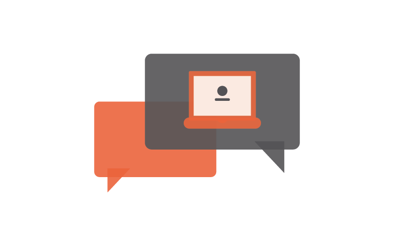 stock image representing online conversation with two speech bubbles and a laptop