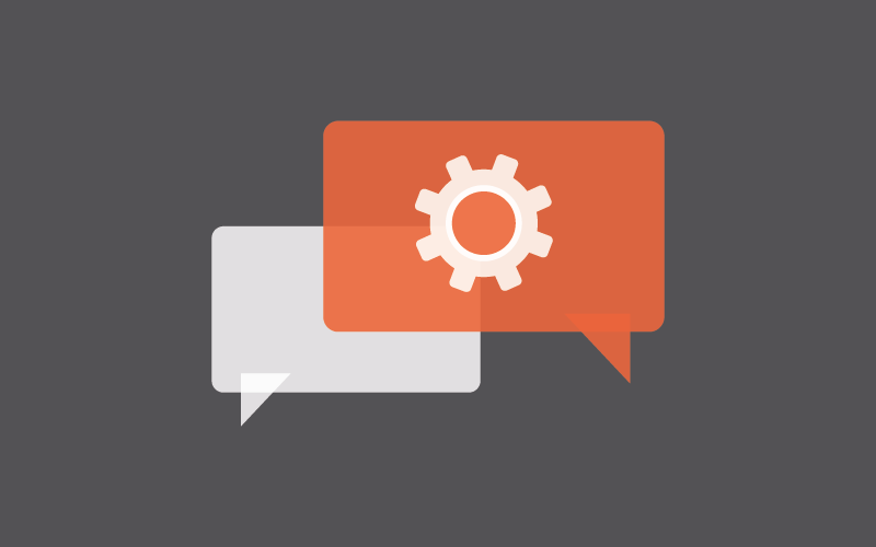 Grey background with orange and pale grey speech bubbles with a cog