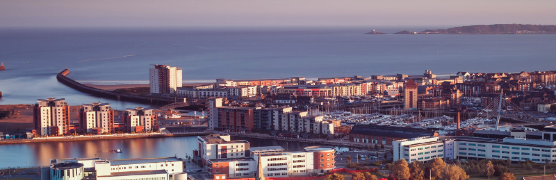 Aerial view of Swansea city and the bay