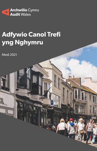Image of a town and the words - Regenerating town centres in Wales