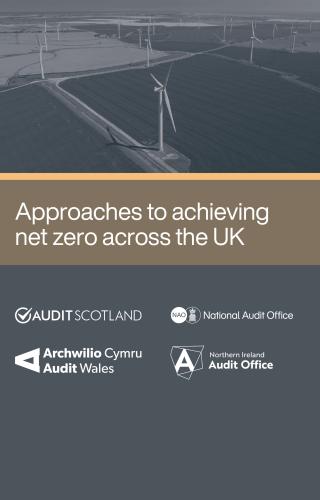 Report cover with  picture of windmill and text -Approaches to achieving  net zero across the UK