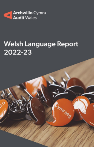 Cover of Welsh Language Report 2021-22 showing Cymraeg Welsh speaker badges